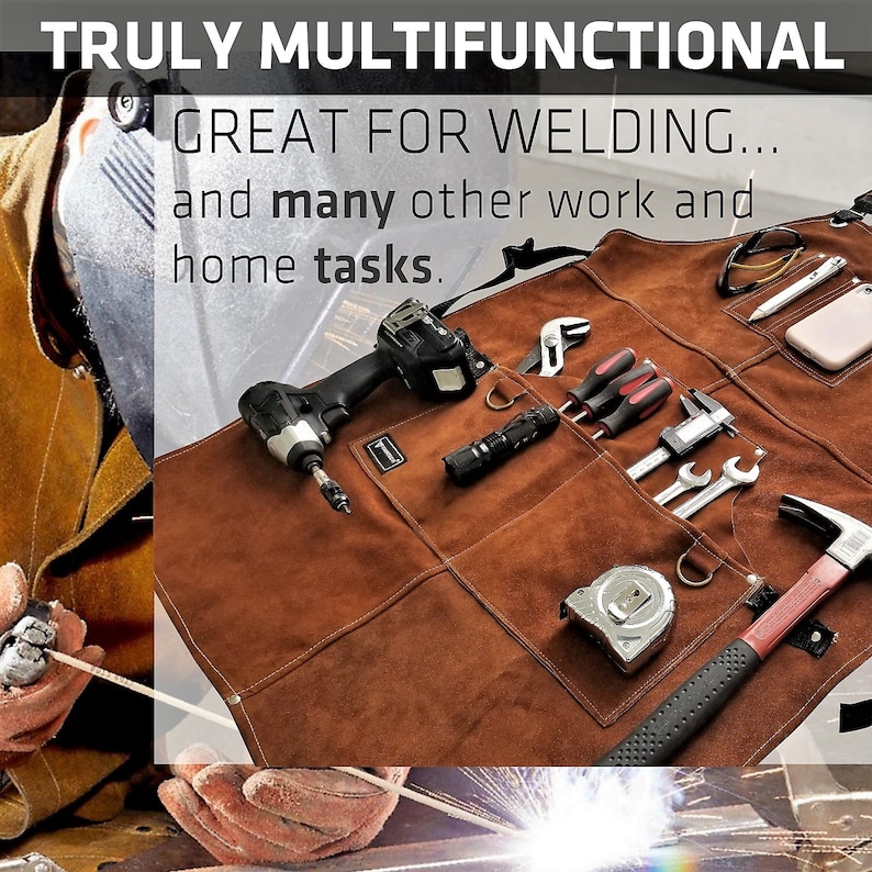 May include: Brown leather work apron with multiple pockets, holding tools like a drill, wrenches, and a hammer. The text reads "TRULY MULTIFUNCTIONAL GREAT FOR WELDING... and many other work and home tasks."