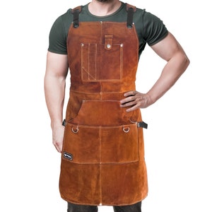 ORIGINAL FIGHTECH® Leather Work Apron with Tool Pockets | Heat  Flame-Resistant Genuine Leather with Kevlar Stitching | Adjustable M to XXL