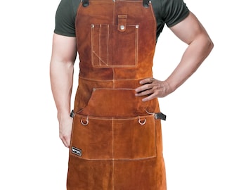 ORIGINAL FIGHTECH® Leather Work Apron with Tool Pockets | Heat  Flame-Resistant Genuine Leather with Kevlar Stitching | Adjustable M to XXL