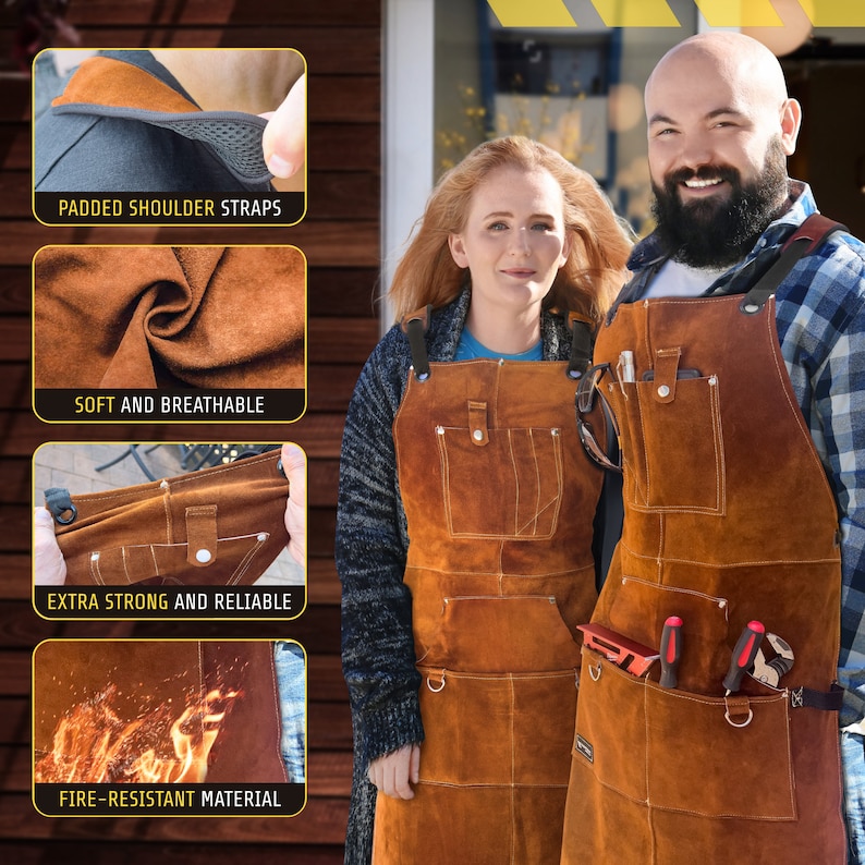 May include: Two people wearing brown leather aprons with pockets and padded shoulder straps. The aprons are fire-resistant and appear to be designed for work or crafting. The aprons have a soft and breathable texture.