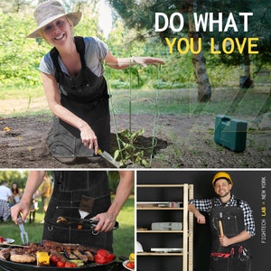 May include: Black work aprons with multiple pockets are featured in this image. One person is gardening, another is grilling, and a third is working in a workshop. The text "DO WHAT YOU LOVE" is displayed in yellow and white. The aprons appear to be durable and suitable for various tasks.