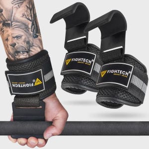 May include: Black weightlifting hooks with the Fightech Smart Gear logo. The hooks are designed to wrap around a barbell and secure to the wrist with a velcro strap. The wrist straps have a reflective stripe for visibility.