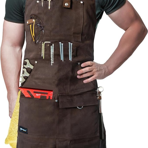 FIGHTECH® Work Apron with Tool Pockets - Heavy Duty 16oz Waxed Canvas Shop Apron for Woodworkers, Mechanics, Blacksmiths, Carpenters - M-XXL