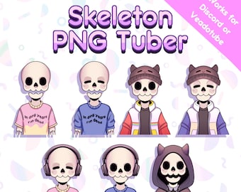 May include: Set of ten digital illustrations of a skeleton in various outfits and poses. The skeleton is wearing a pink, blue, or yellow shirt with the text "In dog years I'm dead". The skeleton is also wearing a beanie, headphones, a hoodie, or a cloak. The illustrations are suitable for use as avatars or profile pictures.