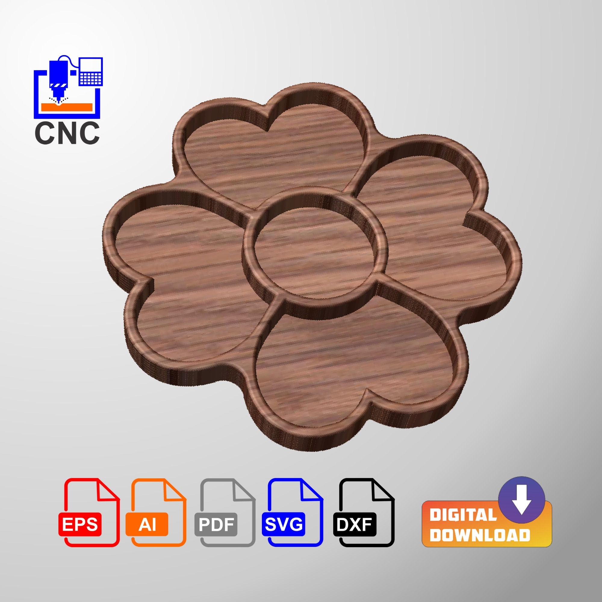 Hearts Serving Tray - Digital Download Files - 3D STL file (.stl) and vector files (Dxf, Svg, Eps, Pdf, Ai) for CNC or 3D Printing