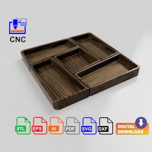 May include: A wooden tray with five compartments, perfect for organizing small items. The tray is made of dark wood with a wood grain pattern. The compartments are all the same size and shape.