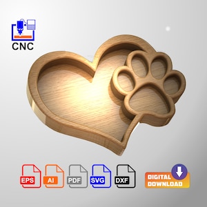 Puppy/Dog Heart Tray - Digital Download Files - CNC or 3D Printing 3D STL file (.stl) and vector files (Dxf, Svg, Eps, Pdf, Ai)