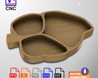 Blatt 3 Fach Tablett, Blattform - Digital Download Dateien - CNC oder 3D Druck 3D STL (.stl) und Vektordateien (Dxf, Svg, Eps, Pdf, Ai)