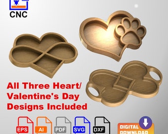 Assorted Heart Trays - Digital Download Files - CNC  or 3D Printing 3D STL (stl) and vector files (Dxf, Svg, Eps, Pdf, Ai) Valentine&#39;s Combo