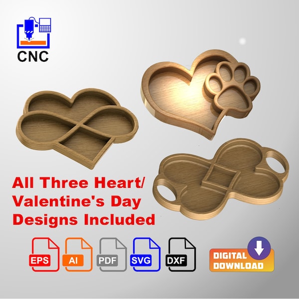 Assorted Heart Trays - Digital Download Files - CNC  or 3D Printing 3D STL (stl) and vector files (Dxf, Svg, Eps, Pdf, Ai) Valentine's Combo