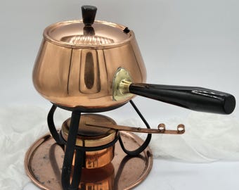 Vintage Copper Fondue Set Made in Japan – Mid Century Fondue Pot with Stand & Burner – Retro Entertaining – 8.5” Tall
