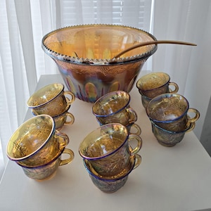 Vintage Indiana Iridescent Carnival Glass Punch Bowl Set with cups – Grapevine Pattern with 12 Cups – Mid Century Party Decor | 60s /70s USA