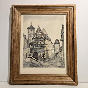 Vintage Framed Rothenburg ob der Tauber Etching Print – Hand-Colored Etching signed – Old Town Wall Print German Street Scene Art