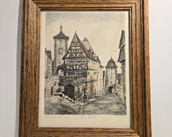 Vintage Framed Rothenburg ob der Tauber Etching Print – Hand-Colored Etching signed – Old Town Wall Print German Street Scene Art