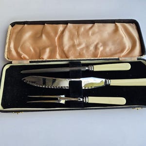 Vintage Sheffield Carving Set – 3pc Firth Stainless Knife Fork Sharpener with case | Made in England Mid Century | Likely 1940s–1960s