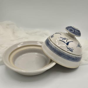 Handmade Pottery Butter Dish, Large Round Plate With Lid, Blue Abstract Paint, Speckled Pottery