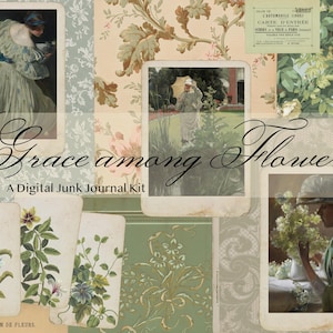 Gracia entre flores - Colección de papel de diario basura - Imprimibles vintage - Collages artísticos - Tarjetas de flores - Descarga digital