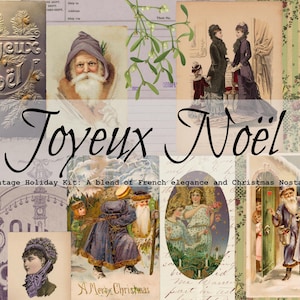 Joyeux Noël - Vintage Christmas Holiday DigiKit - Kolaż do Junk Journaling - Kolekcja papieru do pobrania cyfrowego - Ilustracje po francusku