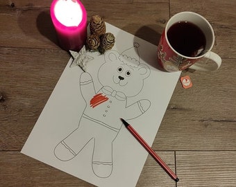 Coloring page Christmas teddy - children, coloring, creative idea, painting