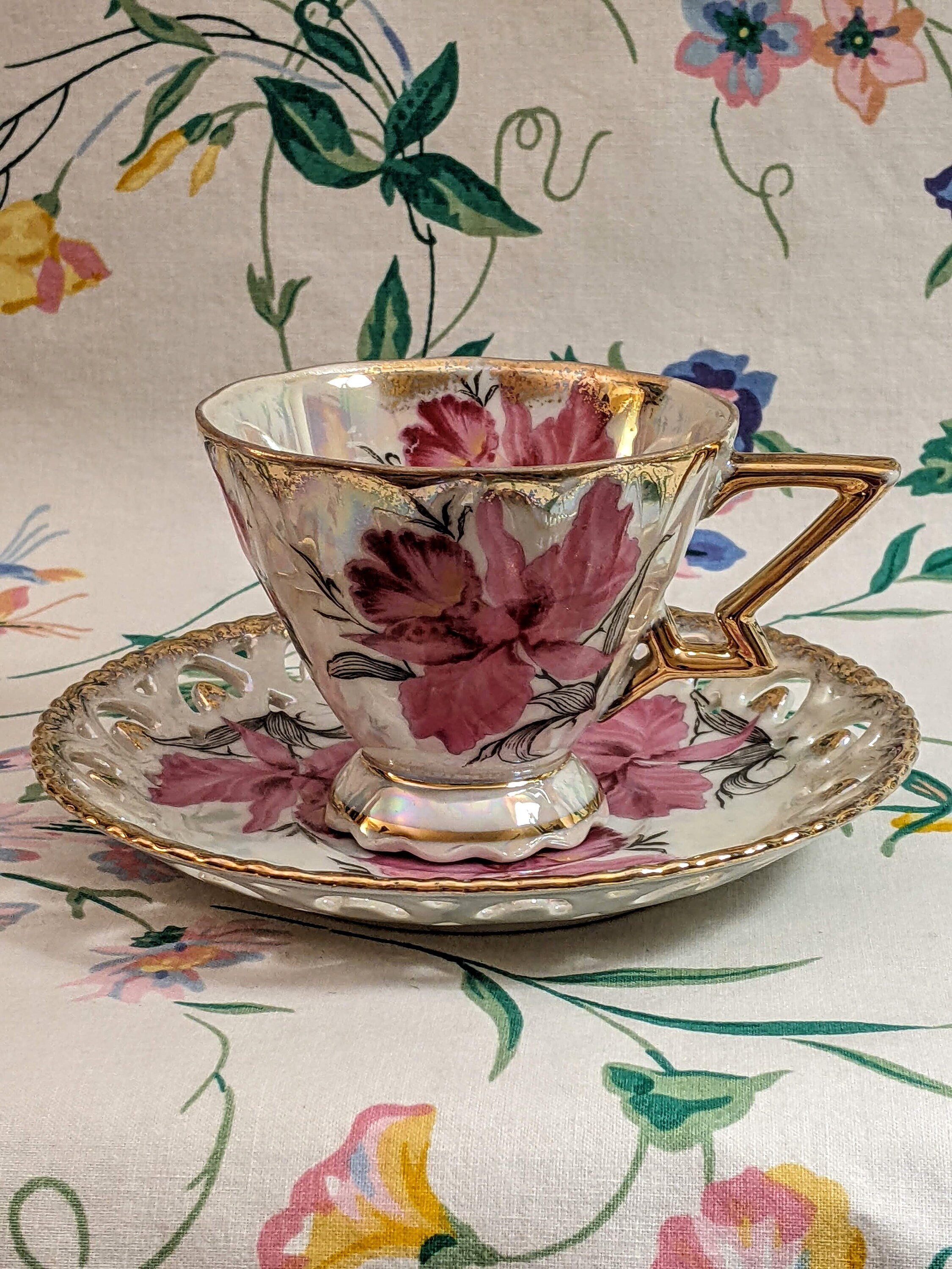 Spectaculaire Lustre Mi-Siècle Royal Sealy Japan Orchidée Vintage Tasse à Thé et Soucoupe