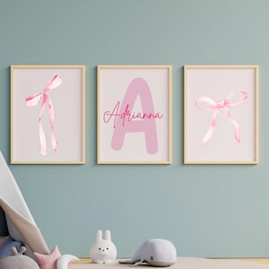 Light Pink Bow Custom Initial Name Art, Pink Girly Posters, Pink Nursery Set of 3, Digital Download, Printable Wall Art, Pink Bow Print