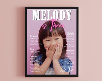 Personalized Birthday Photo Poster: Magazine Cover Milestone Board, 3rd Birthday Party Decor, Custom Gift for Toddlers, Digital Download