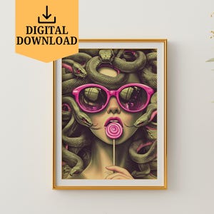 Retro Medusa wall art digital download featuring a bold modern design of Medusa wearing pink sunglasses, symbolizing strength, feminism, and empowerment. This printable poster combines Greek mythology with contemporary pop art style, making it a striking addition to home décor, dorm rooms, or creative office spaces. Perfect for lovers of mythology and strong women art, this modern Medusa print is easy to download, print, and frame for unique wall decor.