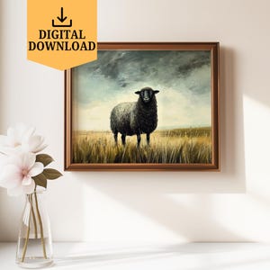 Vintage Black Sheep Printable Wall Art Black Sheep Painting Digital Download Rustic Country Art Black Sheep Farm Animal Poster Sheep Art