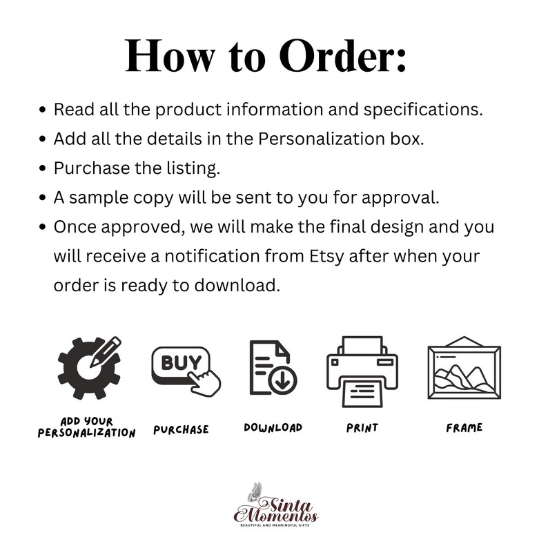May include: How to order a personalised digital download. The steps are: add your personalisation, purchase, download, print, and frame.