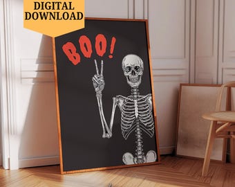 Skeleton Peace Sign Poster Printable | Funny Spooky Halloween Wall Art Digital Download | Halloween Room Decor Gift