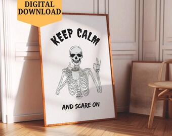 Szkielet z kawą do druku na ścianę | Upiorne Halloween do pobrania w wersji cyfrowej do wystroju domu | Zabawny gotycki prezent dla niej