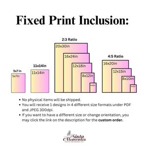 K&ouml;nnte beinhalten: Eine Grafik, die verschiedene Druckgr&ouml;&szlig;en f&uuml;r digitale Downloads zeigt. Die Gr&ouml;&szlig;en sind 5x7 Zoll, 11x14 Zoll, 20x30 Zoll, 16x24 Zoll, 12x18 Zoll, 8x12 Zoll, 4x6 Zoll, 16x20 Zoll, 12x15 Zoll, 8x10 Zoll und 4x5 Zoll. Der Text "Fixed Print Inclusion" befindet sich oben auf der Grafik.