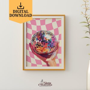 Wydrukuj Disco Ball Hot Pink Wall Art Mirrorball Plakat Natychmiastowe pobranie Delikatnie różowa Disco Ball Oświadczenie Wydrukuj Preppy Bar Cart Art Trendy
