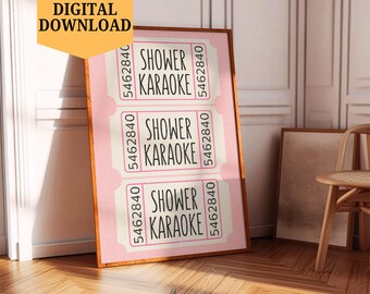 Trendy Shower Karaoke Ticket Print Digital Download Pink Bathroom Wall Art Retro Ticket Poster Printable Wall Art Trendy Home Decor Preppy