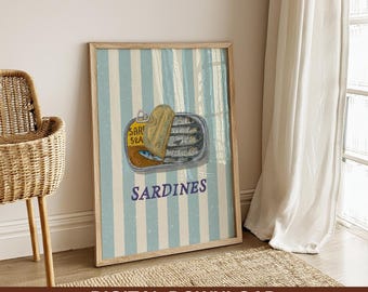 Cuadro de sardinas en lata, póster de sardinas de moda, arte imprimible costero, lámina vintage de vida marina, póster retro de comida, arte mural de mariscos para la cocina
