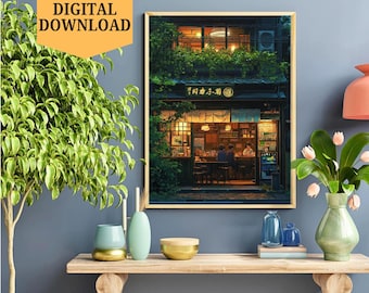 Cafe Studio druckbare Wandkunst, Ghibli Film inspirierte warme getönte Kunst, digitale Malerei Wandkunst, Wohnkultur, Coffee Shop Wandkunst, Kaffeebar