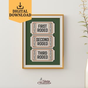 Retro First Rodeo Zielony bilet do wydrukowania na ścianę Sztuka First Rodeo Bilet Stub Cyfrowe pobieranie Motywacyjny cytat Wydrukuj Modny plakat na wózek barowy