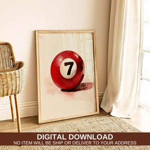 Trendy Lucky 7 Ball Poster, Vintage Pool Ball Print, Bar Cart decor, Printable Pool Ball Poster, Retro Hand-Drawn Wall Art, Digital Download