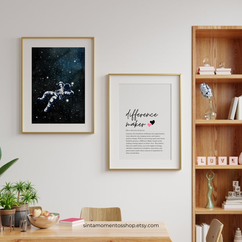 May include: A printable art print with a white background and black text that reads "difference maker" with two pink and black hearts. The text is defined as "One who transforms challenges into opportunities, someone who embraces change, who champions a spirit and a belief system that inspires others to think differently and to make lasting impact on others. They believe that every small action can create ripples of change, and that their actions can inspire a sense of imagination and hope around them."