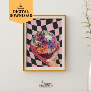 Retro Disco Ball Wydrukuj Ścienną Sztukę Natychmiastowe Pobieranie Mirrorball Plakat Modny Retro Zabawny Wystrój Preppy Bar Cart Art Disco Ball Wydruk Ścienny Sztuka