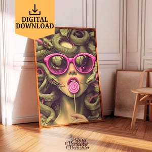 Retro Medusa With Pink Sunglasses Wall Art Digital Download Modern Green Medusa Poster Goddess Medusa Art Deco Greek Mythology Poster