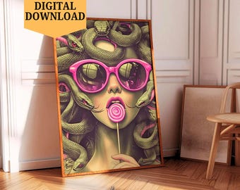 Retro Medusa Print with Pink Sunglasses, Green Goddess Wall Decor, Greek Mythology Poster, DIGITAL ONLY, Gift for Her