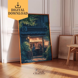 Póster de arte de café imprimible, arte de pared, decoración de cafetería, impresión de cocina, pósteres de cafetería, regalos para amantes del café, arte inspirado en la película Ghibli, arte de tonos cálidos, cafetería