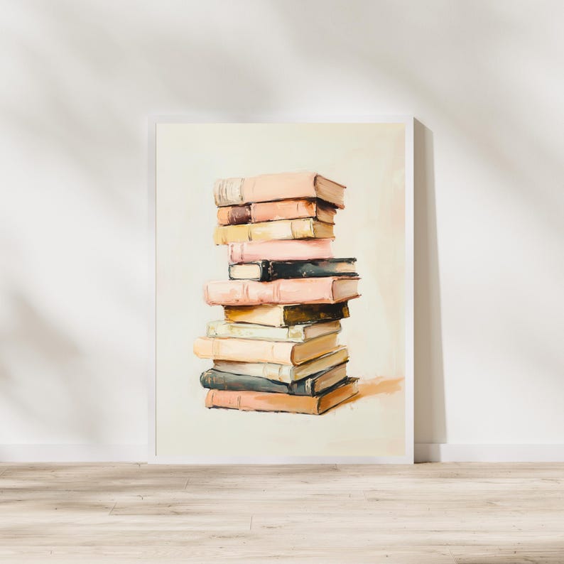 Vintage Book Lover Print, Stack of Books Painting, Bookworm Printable ...