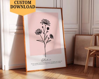 Benutzerdefinierte Geburtsblumendrucke Digitaler Download Personalisierter Name Geburtsblumenplakat druckbare Wandkunst Botanische Linie Kunstblumen Geburtstagsgeschenk