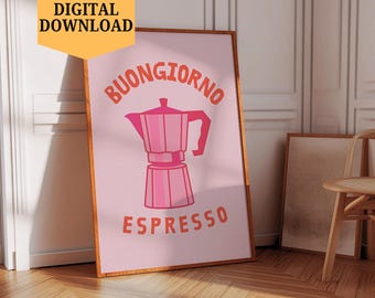 Impressão de cafeteira italiana retrô: pôster de café moderno, arte de parede para cozinha (download digital)