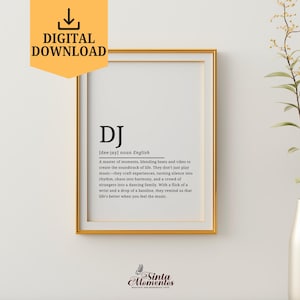 DJ Definition Print, Inspirational DJ Meaning Dictionary Print, Deejay Gift, Digital Print, Gift for Dj, Printable Wall Art, DJ Quote Poster
