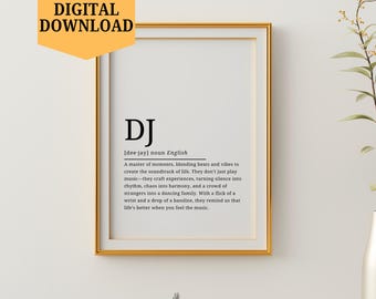 DJ Definition Print, Inspirational DJ Meaning Dictionary Print, Deejay Gift, Digital Print, Gift for Dj, Printable Wall Art, DJ Quote Poster