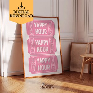 Yappy Hour Print Retro Happy Hour Bar Cart Printable Wall Art Instant Download Pink Yappy Hour Ticket Print Dorm Room Decor Cocktail Poster