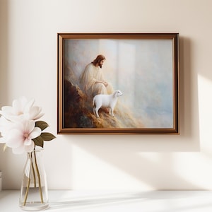 Vintage Jesus Leaves the 99, White, Neutral, Lost Sheep, Shepherd, Horizontal Sketch Bible Christian Faith Art, Home Decor, Digital Download